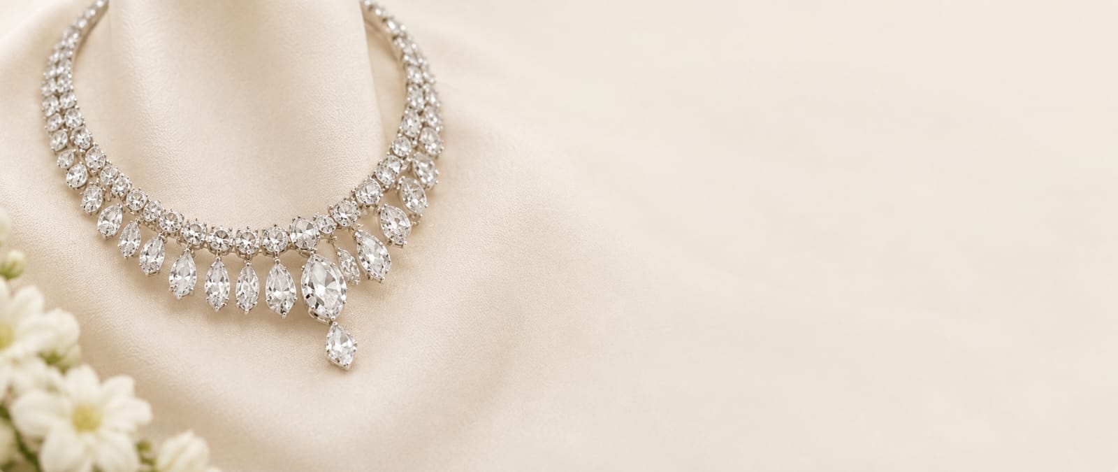 American Diamond necklace on ivory silk with white flowers